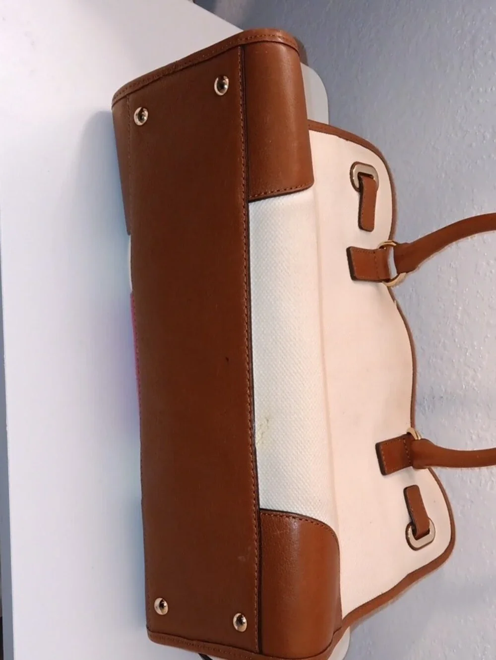 Michael Kors Preloved Canvas Satchel with Pink Center Stripe and Brown Trim